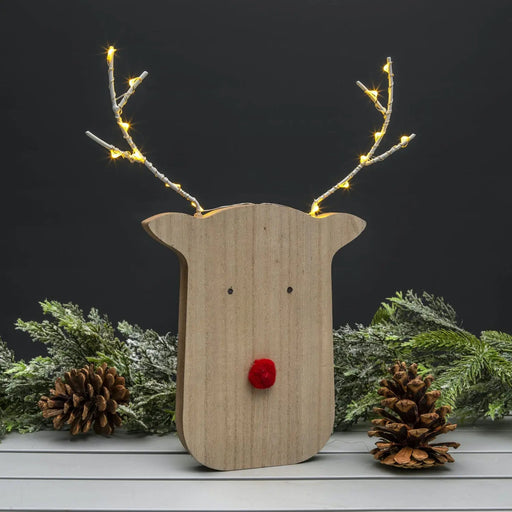 Grade B Warehouse Second - Noma Wooden Rudolph Reindeer : Battery with Timer : 14 LEDs Noma