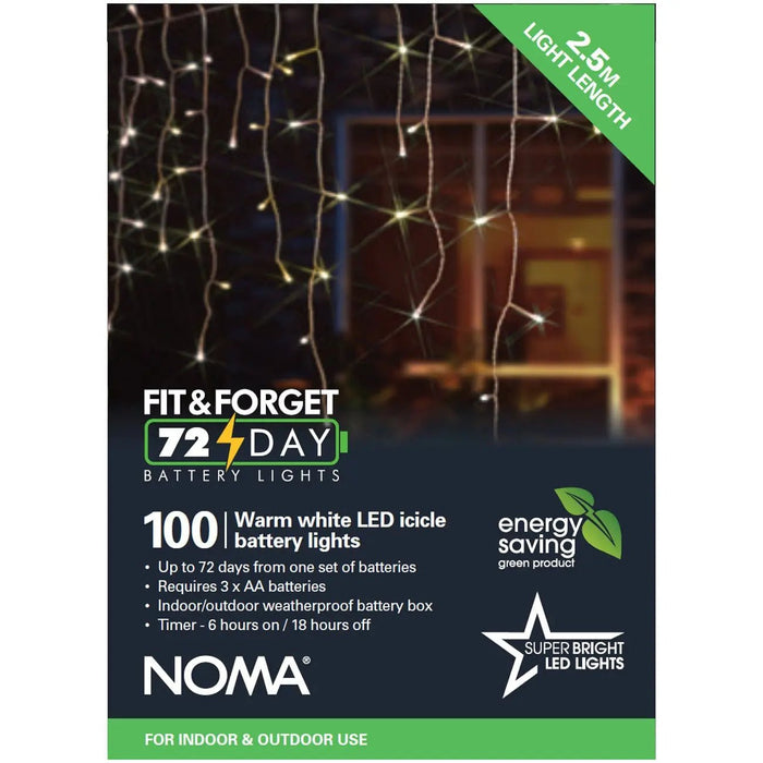 noma fit forget 100 led icicle lights batterytimer warm white