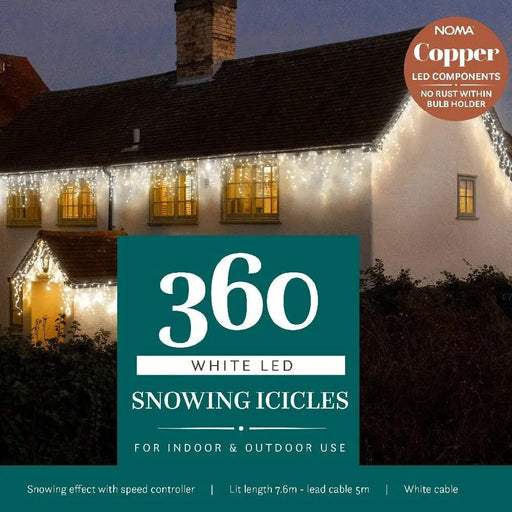 Noma Snowing Icicles : Easytimer : Plug In : White Cable : 360x Bright White LEDs : 7.6m Noma